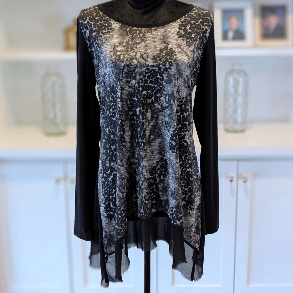 Patrizia Luca Woman's Large Black & White Blouse Top Shirt Long Sleeve Sheer Hem